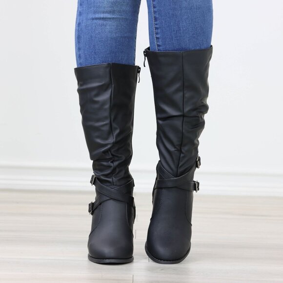 Black Mid Calf Block Heeled Boots Synthetic Leather Pointed Toe Womens - Picture 7 of 16